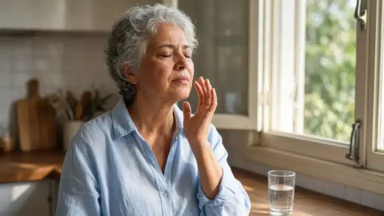 Mulher de cerca de 52 anos, de cabelos grisalhos curtos, de olhos fechados ao lado de uma janela na cozinha, com a mão no rosto e no pescoço sentindo calor, ilustrando os fogachos na menopausa (imagem gerada por IA)