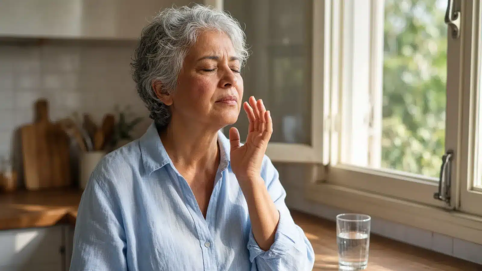 Mulher de cerca de 52 anos, de cabelos grisalhos curtos, de olhos fechados ao lado de uma janela na cozinha, com a mão no rosto e no pescoço sentindo calor, ilustrando os fogachos na menopausa (imagem gerada por IA)