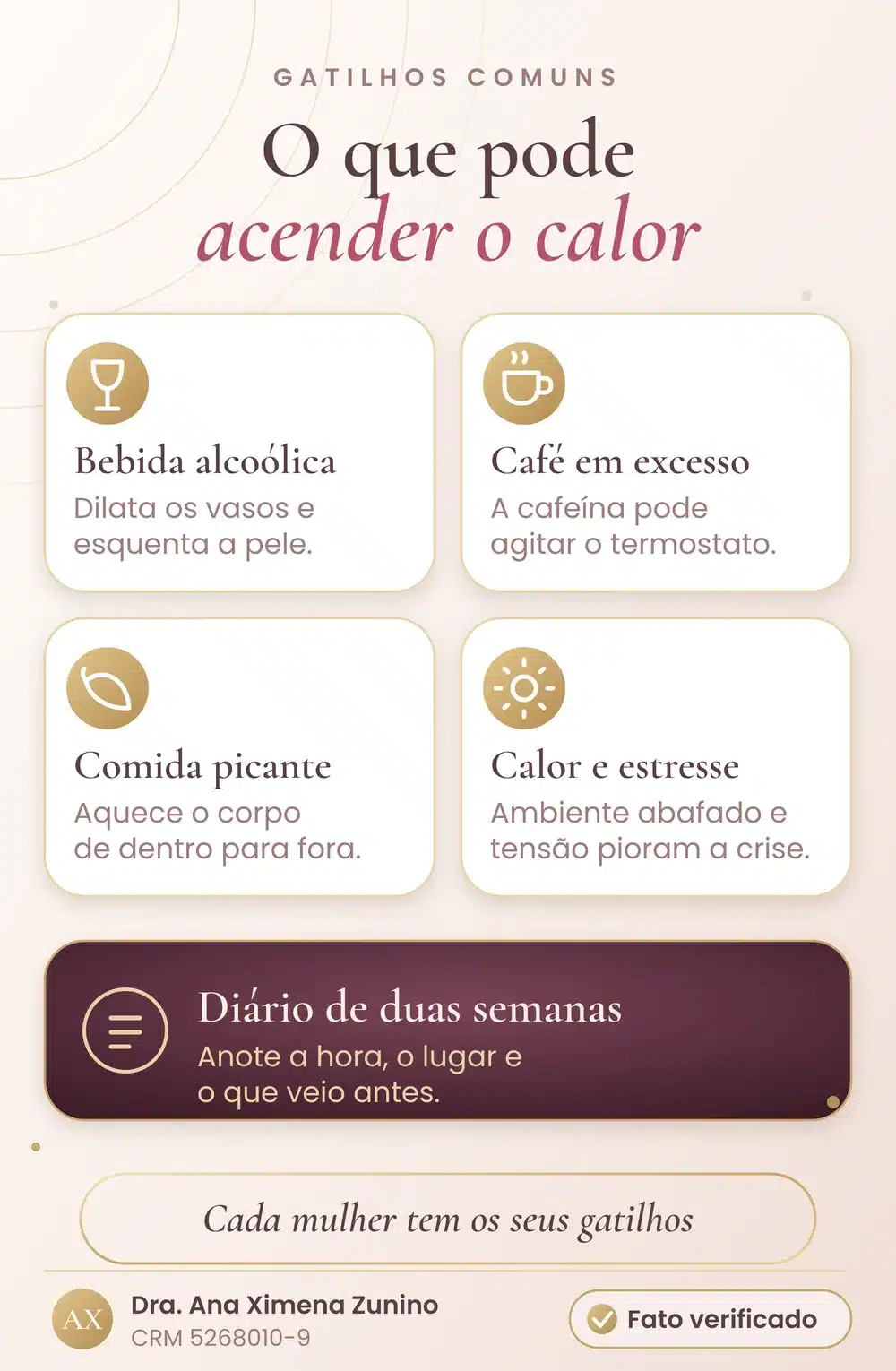 Quatro cartões explicam gatilhos comuns dos fogachos: bebida alcoólica, café em excesso, comida picante, calor e estresse, e sugerem um diário de duas semanas para descobrir os seus
