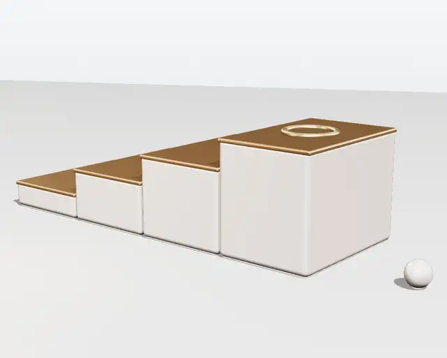 Escada de quatro degraus em marfim com bordas douradas e uma pérola que sobe um degrau de cada vez até um anel dourado no topo