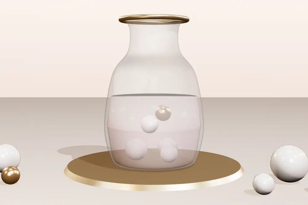 Vaso de cristal com água rosada e pérolas sobre uma bandeja dourada, imagem que representa a bexiga como um reservatório
